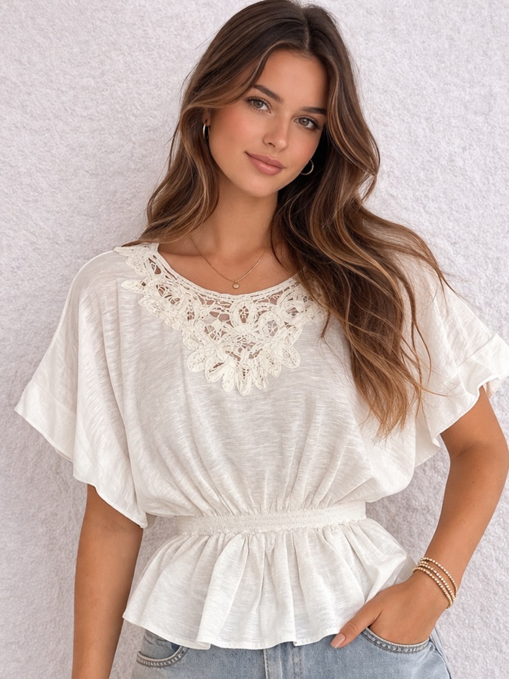 Poetry White Lace Trim Flutter Sleeve Peplum Top Size S